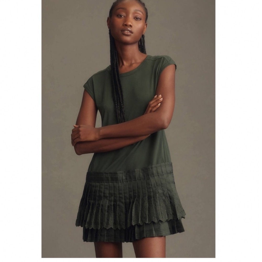 Anthropologie Daily Practice Eyelet Pleated Drop Waist Mini Dress Medium